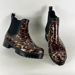 Jeffrey Campbell Chelsea Rain Boots Womens 8 Brown Black Leopard Print Pull On